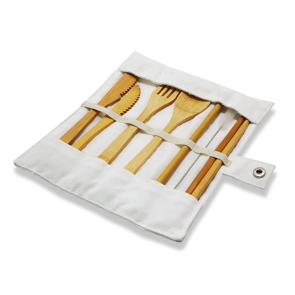 Eco-Friendly Bamboo Travel Cutlery Set With Straw, Cleaning Brush ... Bamboo Cutlery Set - Portable Travel Gear - To-Go Ware